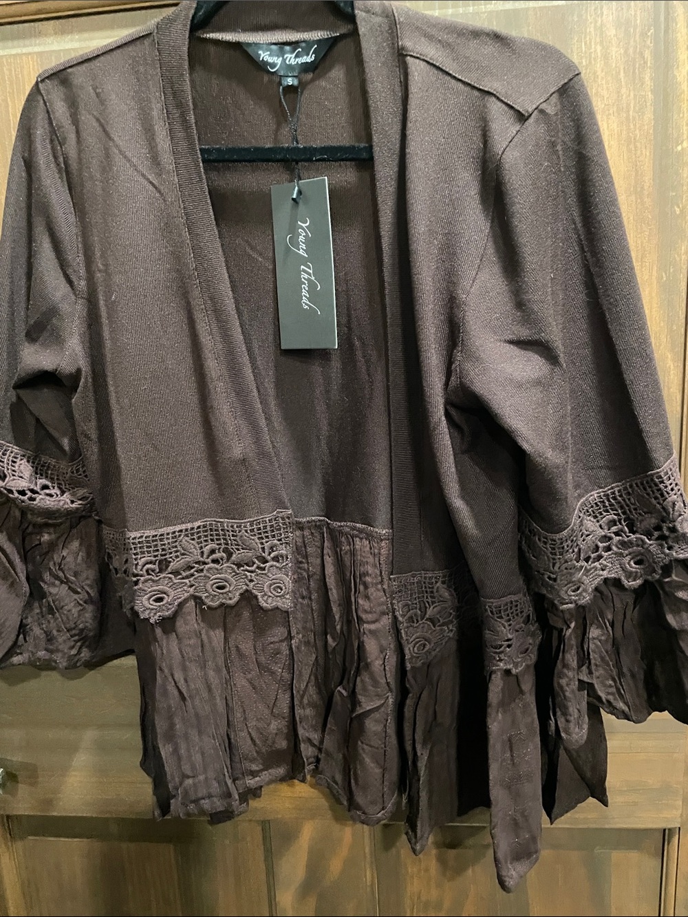 Kori Threads Brown Crochet-Trim Open Cardigan